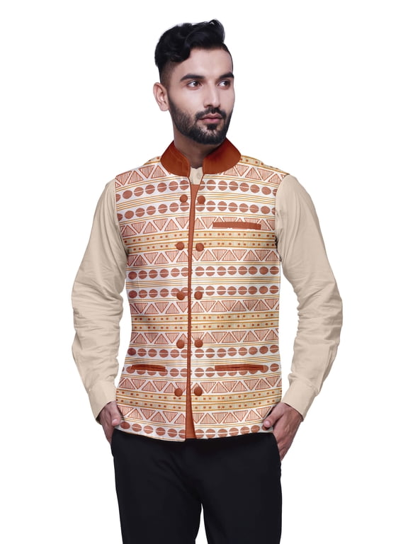 Casual Jacket For Men Printed Nehru Jacket Mens Wedding Indian Waistcoat Mandarin Blazer-Small