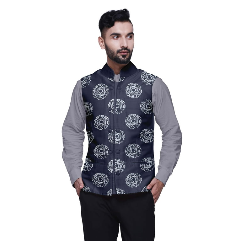 Atasi Casual Jacket For Men Printed Nehru Jacket Mens Wedding Indian Waistcoat Mandarin Blazer Small