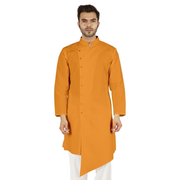 Atasi Casual Solid Long Sleeve Cotton Kurta For Indian Mens Mandarin Collar Irregular Hem Ethnic Shirt