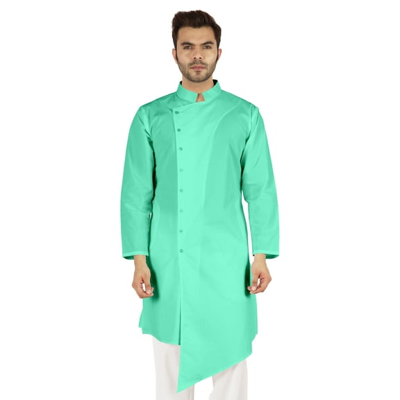 Atasi Casual Solid Long Sleeve Cotton Kurta For Indian Mens Mandarin Collar Irregular Hem Ethnic Shirt