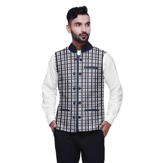 Atasi Check Printed Wedding Jackets For Men Nehru Jacket Waist Coat For Wedding & Festive Season-Large