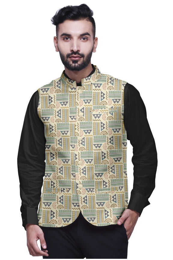 China Ivory African Printed Wedding Jackets For Men Nehru Jacket Waist Coat For Festive Season-Medium