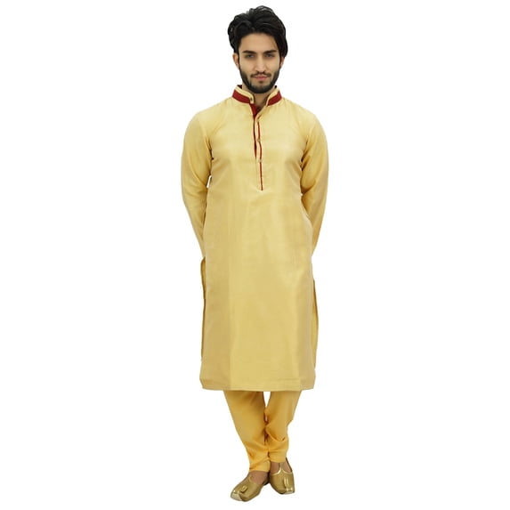 Atasi Classic Beige Men's Dupion Kurta Pyjama Party Wear Designer Shirt-L