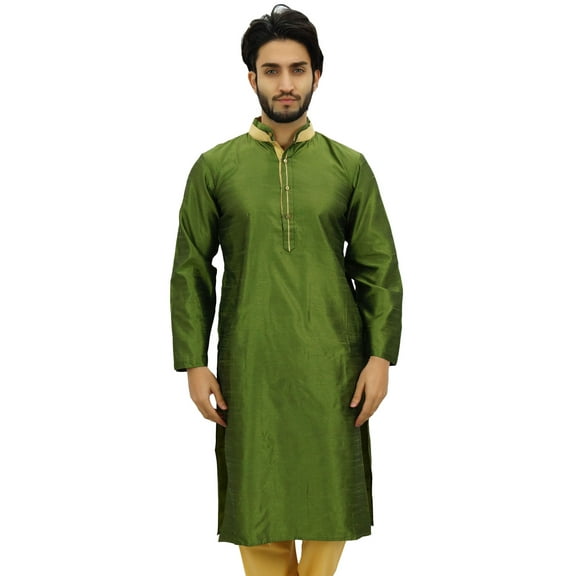 Atasi Classic Green Men's Dupion Kurta Pyjama Party Wear Designer Shirt-L