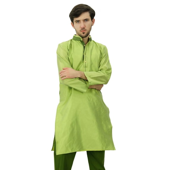 Atasi Classic Men's Dupion Green Kurta Pyjama Party Wear Designer Shirt-M