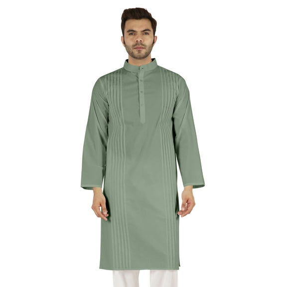 Atasi Cotton Kurta Solid Ethnic- Festive Long Shirt W/ Pintuck Traditional Indian Wear For Men's