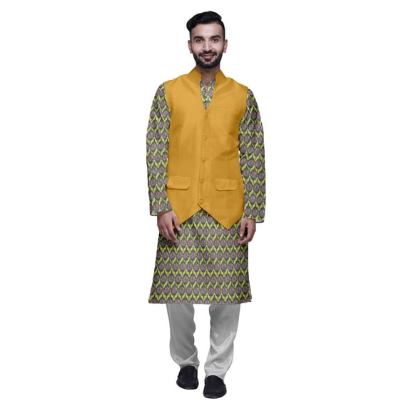 Atasi Cotton Mens Kurta Pajama With Jacket Indian Mandarin Ethnic Wear Set