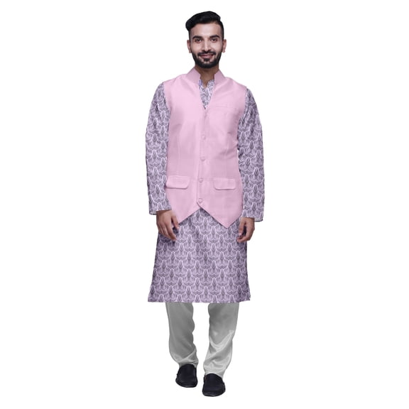 Atasi Cotton Mens Kurta Pajama With Jacket Indian Mandarin Ethnic Wear Set