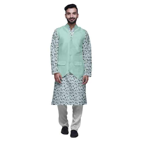 Atasi Cotton Mens Kurta Pajama With Jacket Indian Mandarin Ethnic Wear Set