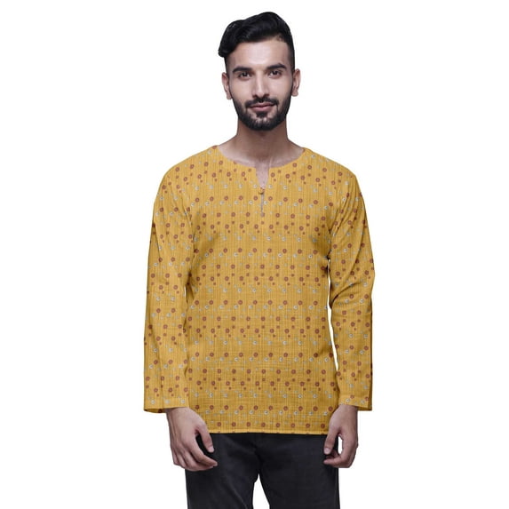 Atasi Cotton Slub Long Sleeve Kurta For Men Keyhole Neck Ethnic Printed Shirt