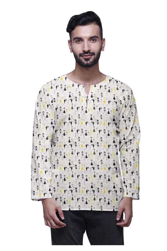 Cotton Slub Long Sleeve Kurta For Men Keyhole Neck Ethnic Printed Shirt