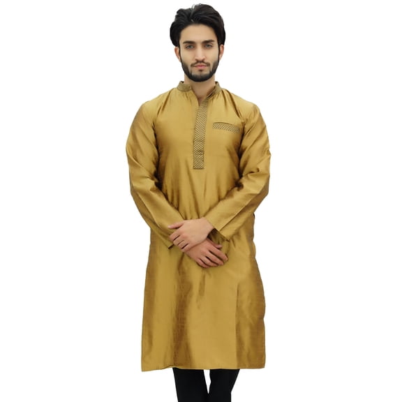 Atasi Designer Indian Ethnic Men's Gold Kurta Pyjama Long Dupion Shirt-XXXL