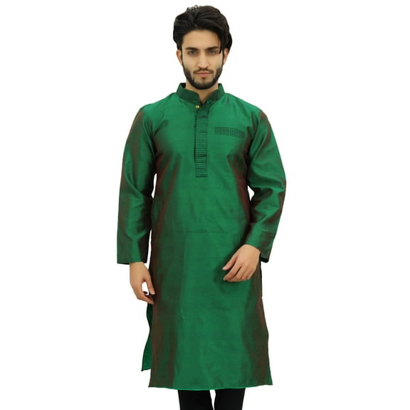 Atasi Designer Indian Ethnic Men's Green Kurta Pyjama Long Dupion Shirt-S