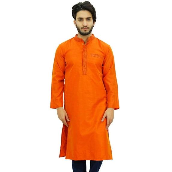 Atasi Designer Indian Ethnic Men's Orange Kurta Pyjama Long Dupion Shirt-L