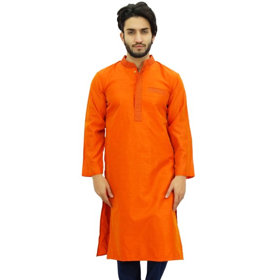 Atasi Designer Indian Ethnic Men's Orange Kurta Pyjama Long Dupion Shirt-S