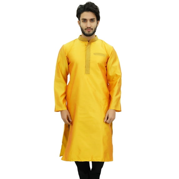 Atasi Designer Indian Ethnic Men's Yellow Kurta Pyjama Long Dupion Shirt-XL