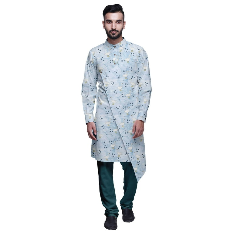 Atasi Designer Kurta Pajama for Men Printed Angrakha Kurta Set Summer Clothing Men s Size 2XL Blue