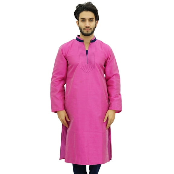 Atasi Designer Men's Party Wear Pink Kurta Pyjama Set Long Dupion Shirt-XL
