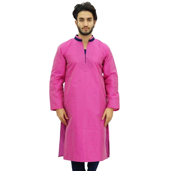 Atasi Designer Men's Party Wear Pink Kurta Pyjama Set Long Dupion Shirt-XXX-Large