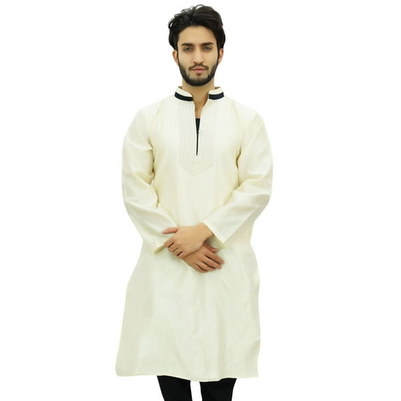 Atasi Designer Men's White Party Wear Kurta Pyjama Set Long Dupion Shirt-Small