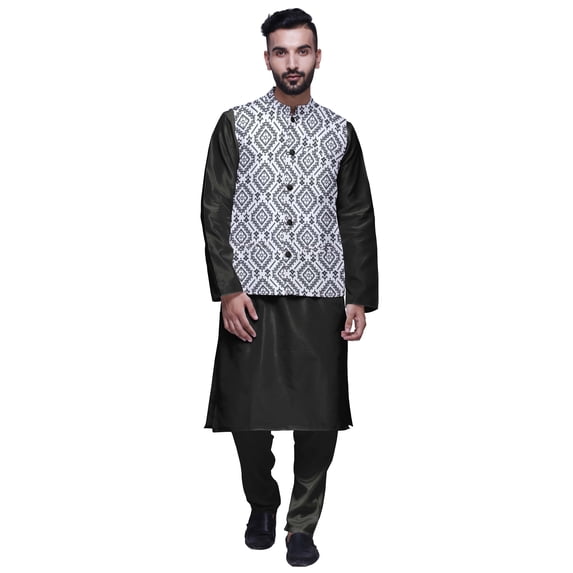 Atasi Ethnic Dupion Silk Kurta Pyajama Set With Printed Nehru Jacket For Mens