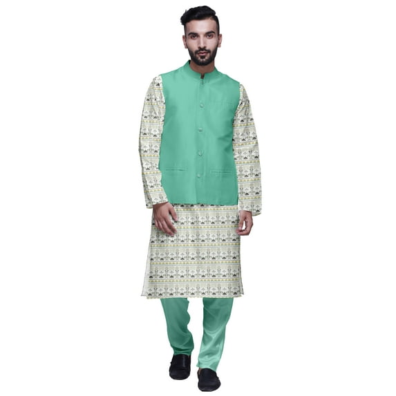 Atasi Ethnic Dupion Silk Mens Kurta Pyajama Set With Nehru Jacket For Mens Wear