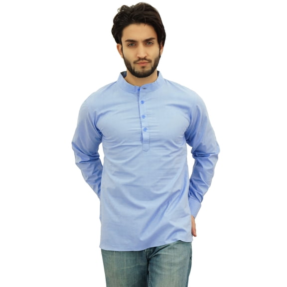 Atasi Ethnic Men's Blue Short Kurta Mandarin Collar Cotton Tunic Shirt-XL
