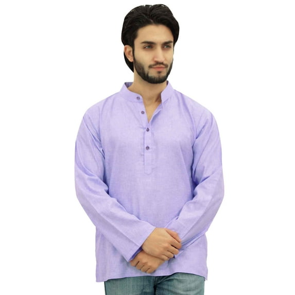 Atasi Ethnic Men's Kurta Full Sleeves Mandarin Collar Purple Cotton Shirt-Small