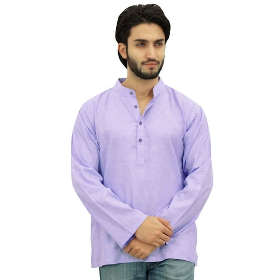 Atasi Ethnic Men's Kurta Full Sleeves Mandarin Collar Purple Cotton Shirt-Small