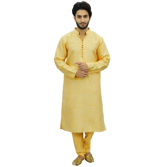 Atasi Ethnic Men's Kurta Pyjama Set Yellow Bollywood Designer Shirt-Medium