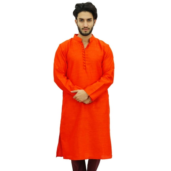 Atasi Ethnic Men's Long Kurta Orange Bollywood Designer Shirt Wear-Large