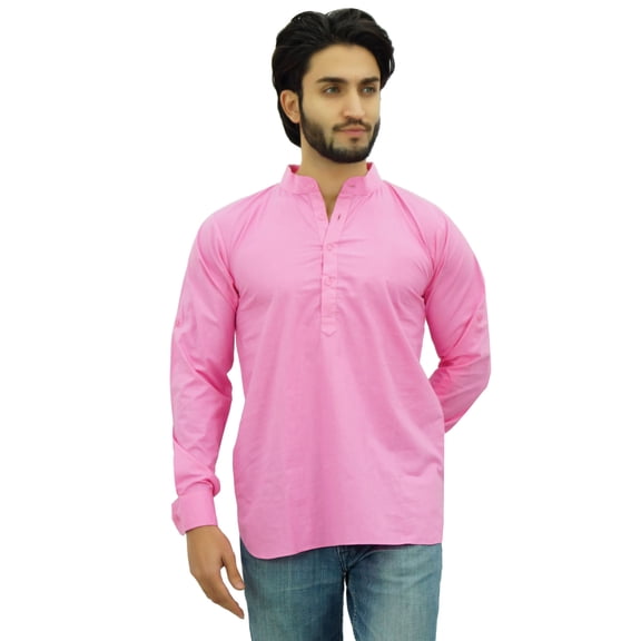 Atasi Ethnic Men's Short Kurta Baby Pink Mandarin Collar Cotton Shirt-XXX-Large