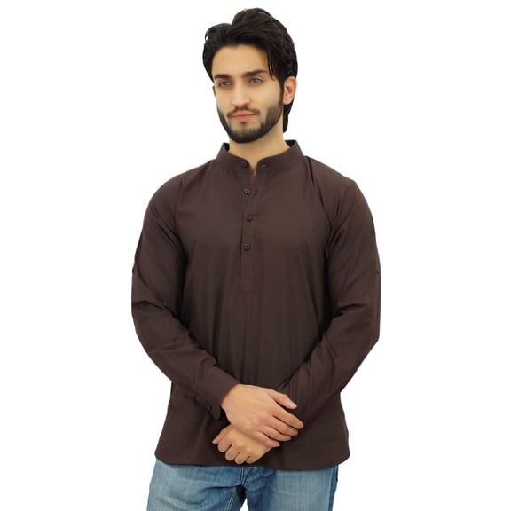 Atasi Ethnic Men's Short Kurta Dark Brown Mandarin Collar Cotton Shirt-Large