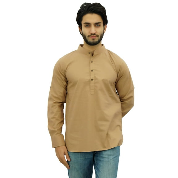 Atasi Ethnic Men's Short Kurta Light Brown Mandarin Collar Cotton Shirt-Large