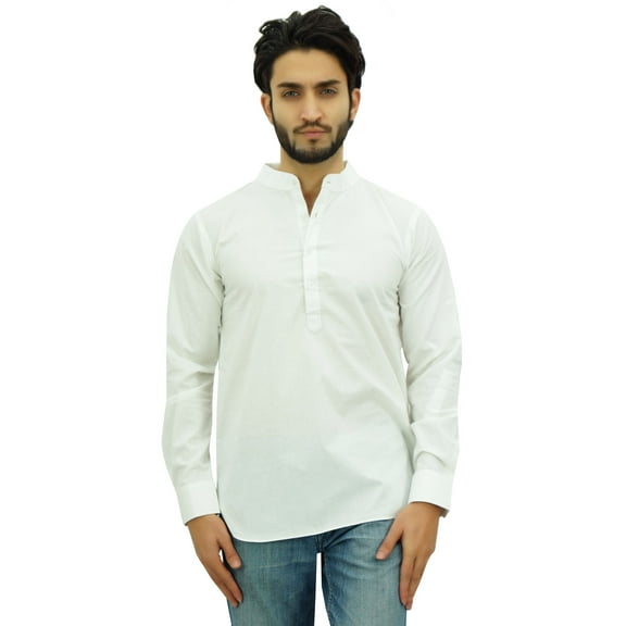 Atasi Ethnic Men's Short Kurta Off White Mandarin Collar Cotton Shirt-Medium
