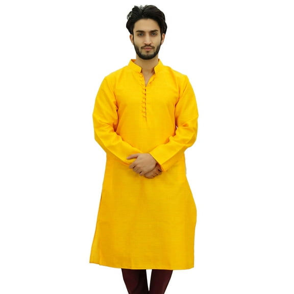Atasi Ethnic Men's Yellow Long Kurta Bollywood Designer Shirt Wear-Small