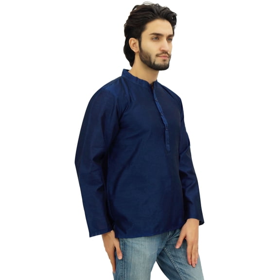 Atasi Ethnic Navy Blue Men's Short Kurta Mandarin Collar Dupion Shirt-Large