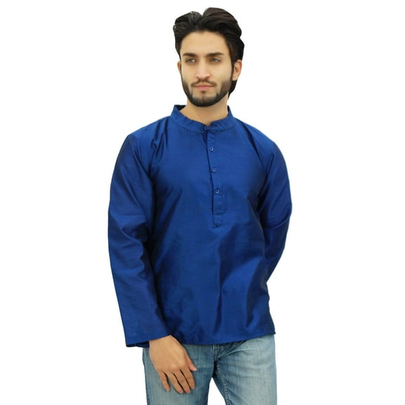 Atasi Ethnic Navy Blue Men's Short Kurta Mandarin Collar Dupion Shirt-X-Large