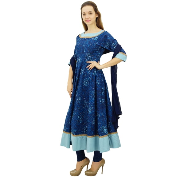Atasi Fashion Women's Blue Party Wear Indian Cotton Flared Anarkali Suit Set-10
