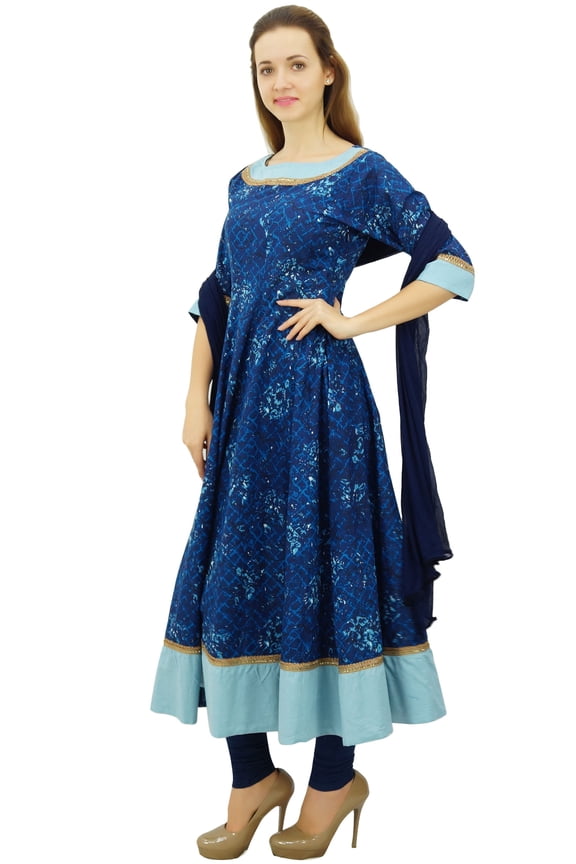Fashion Women's Blue Party Wear Indian Cotton Flared Anarkali Suit Set-10