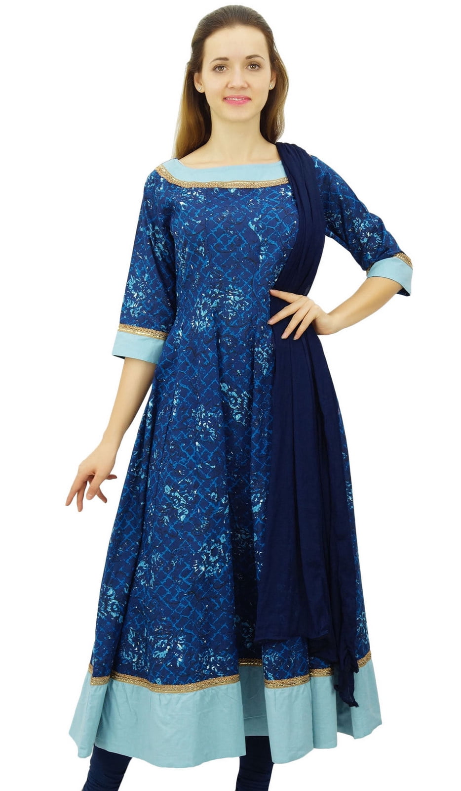 white christmas dresses Buy Blue Printed Cotton Anarkali Suit Set With Dupatta Online in USA at  $41.00 main image 1