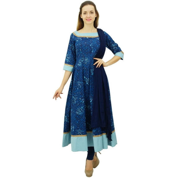 Atasi Fashion Women's Blue Party Wear Indian Cotton Flared Anarkali Suit Set-6