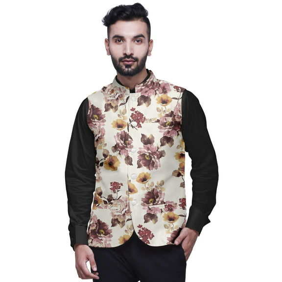 Atasi Floral Casual Jacket For Men Printed Nehru Jacket Mens Wedding Indian Waistcoat Mandarin Blazer-Large