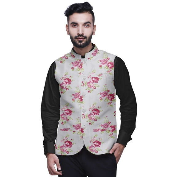 Atasi Floral Casual Jacket For Men Printed Nehru Jacket Mens Wedding Indian Waistcoat Mandarin Blazer-Medium