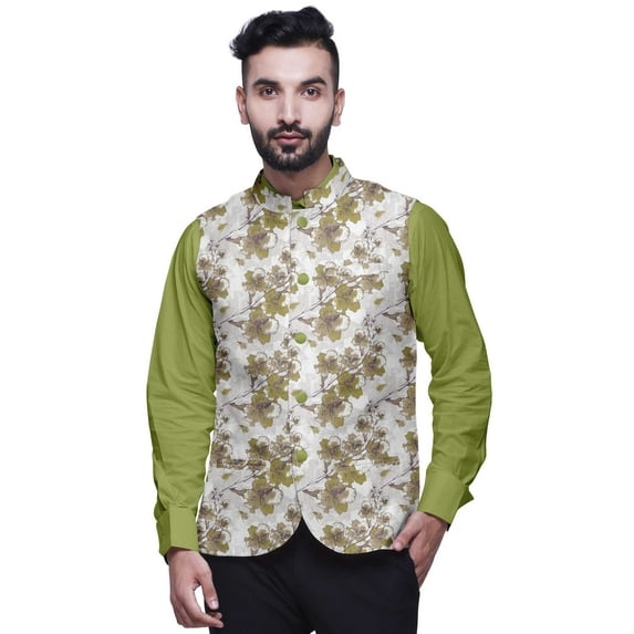 Atasi Floral Casual Jacket For Men Printed Nehru Jacket Mens Wedding Indian Waistcoat Mandarin Blazer-Small