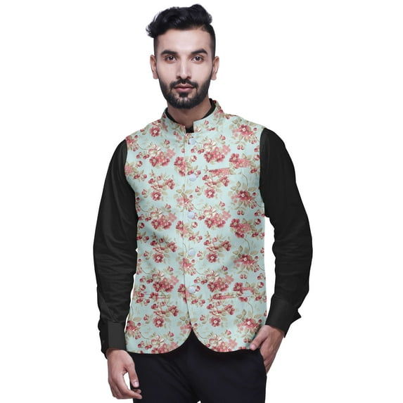 Atasi Floral Printed Wedding Jackets For Men Nehru Jacket Waist Coat For Festive Season-Small