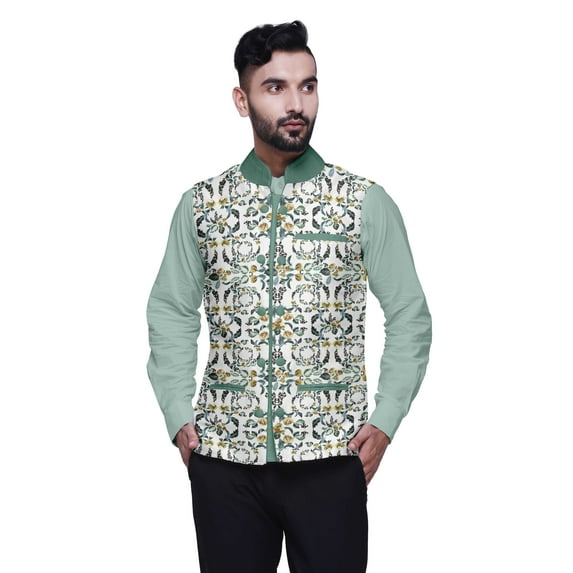 Atasi Flower Casual Jacket For Men Printed Nehru Jacket Mens Wedding Indian Waistcoat Mandarin Blazer-X-Large