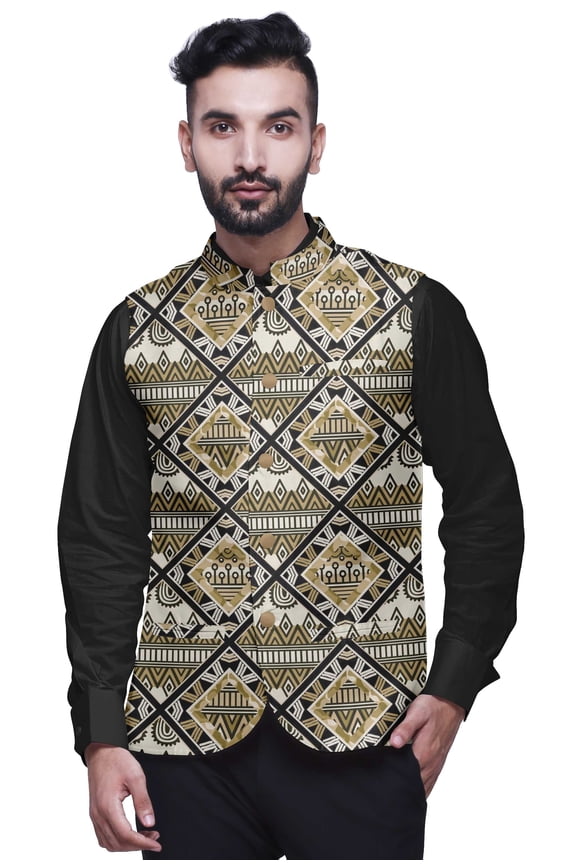 Geometric Printed Nehru Jacket Mens Bandhgala Ethnic Jacket Party Wear Wedding Clothing-XX-Large