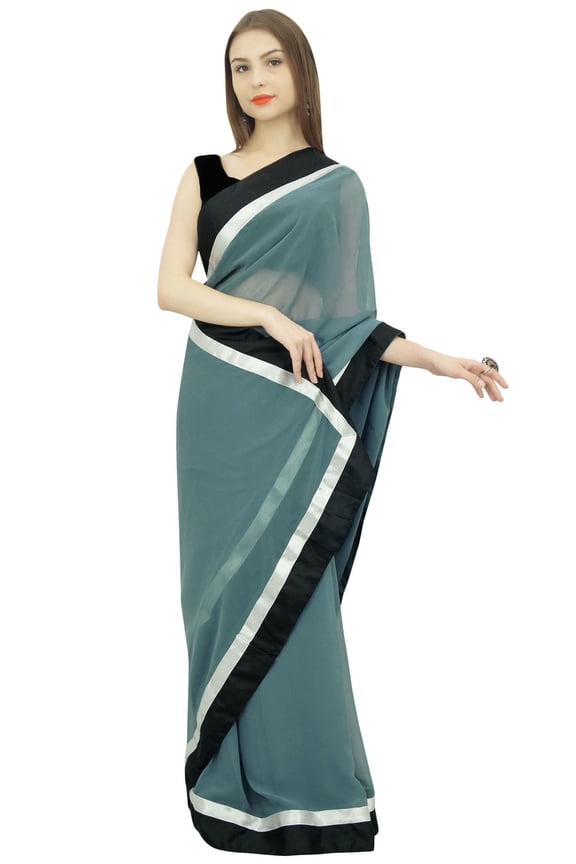 Georgette Designer Women's Solid Blue Saree With Unstitched Blouse Piece