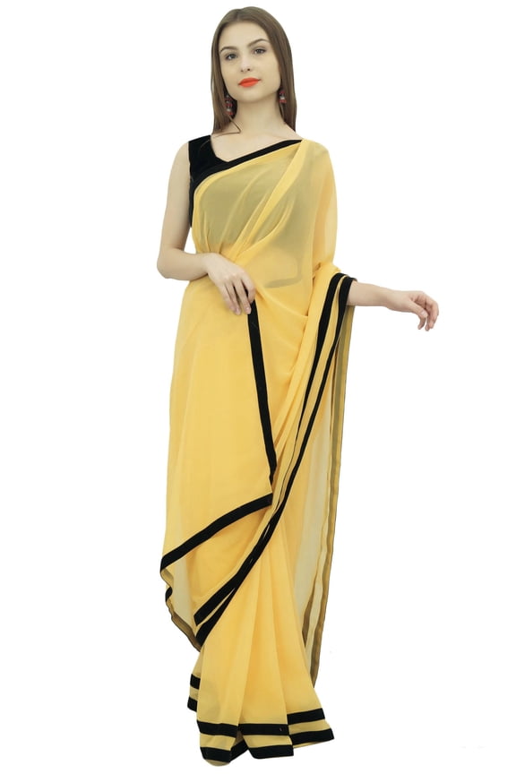 Goldenrod Women's Traditional Georgette Designer Saree With Blouse Piece